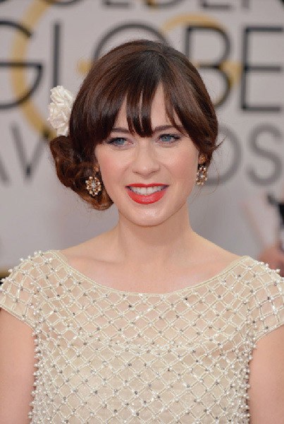 Photo credit: AP Images: Zooey Deschanel wearing vintage Neil Lane earrings at the Golden Globes